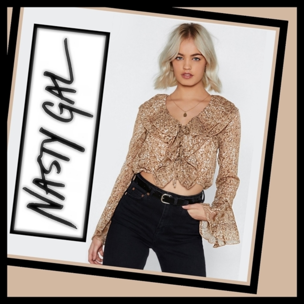 Nasty Gal ✦ Snake Print Chiffon Blouse ✦ Flute Sleeve Ruffle Cropped V‑Neck Sz 4 - Picture 4 of 7